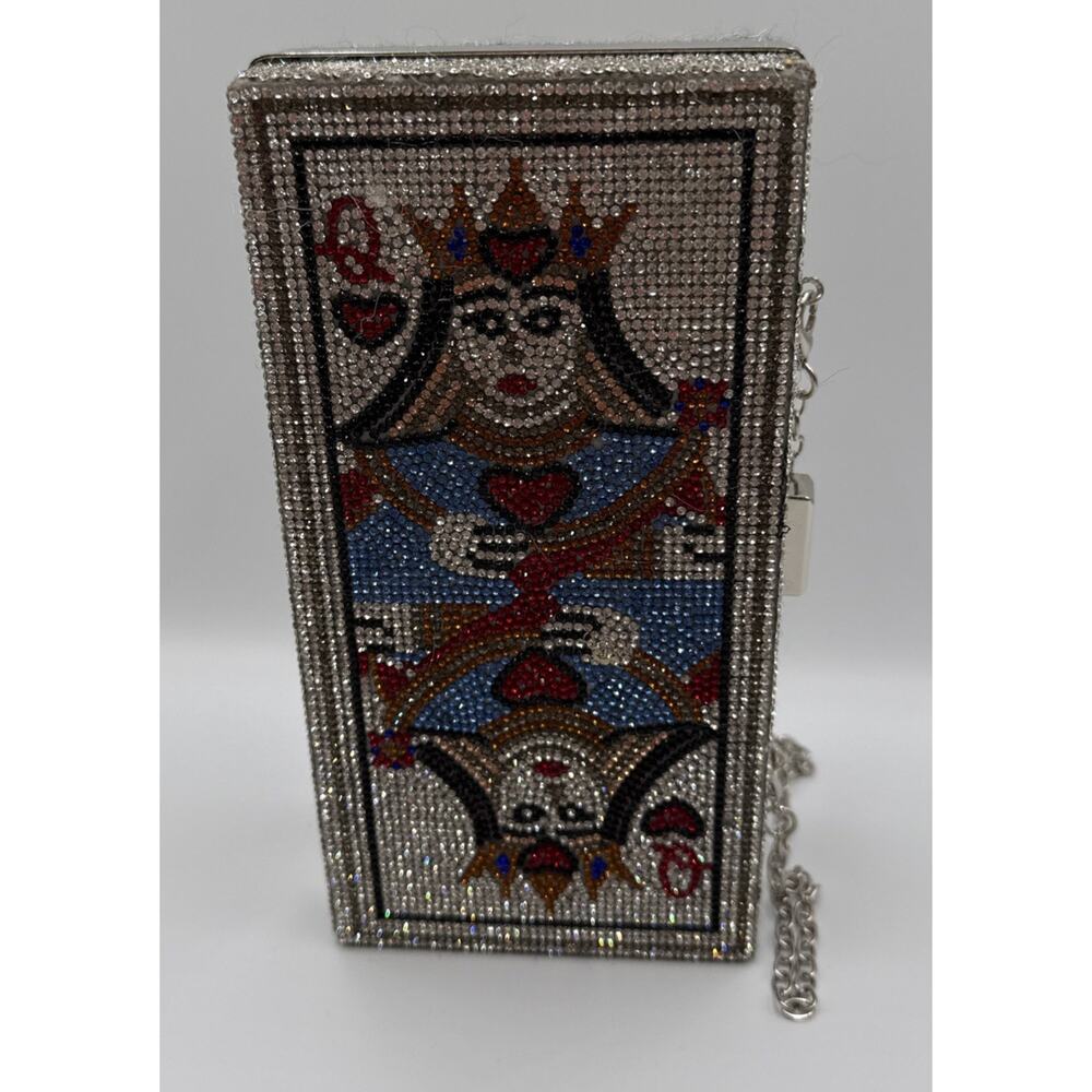 AKIRA Queeny Rhinestone Clutch Queen Of Hearts Casino Vegas Cards Flaws Read - Picture 2 of 7